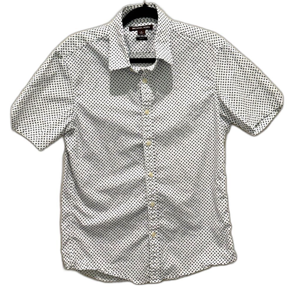Michael Kors Men’s Button Down Shirt Short Sleeve Black White MK logo Medium